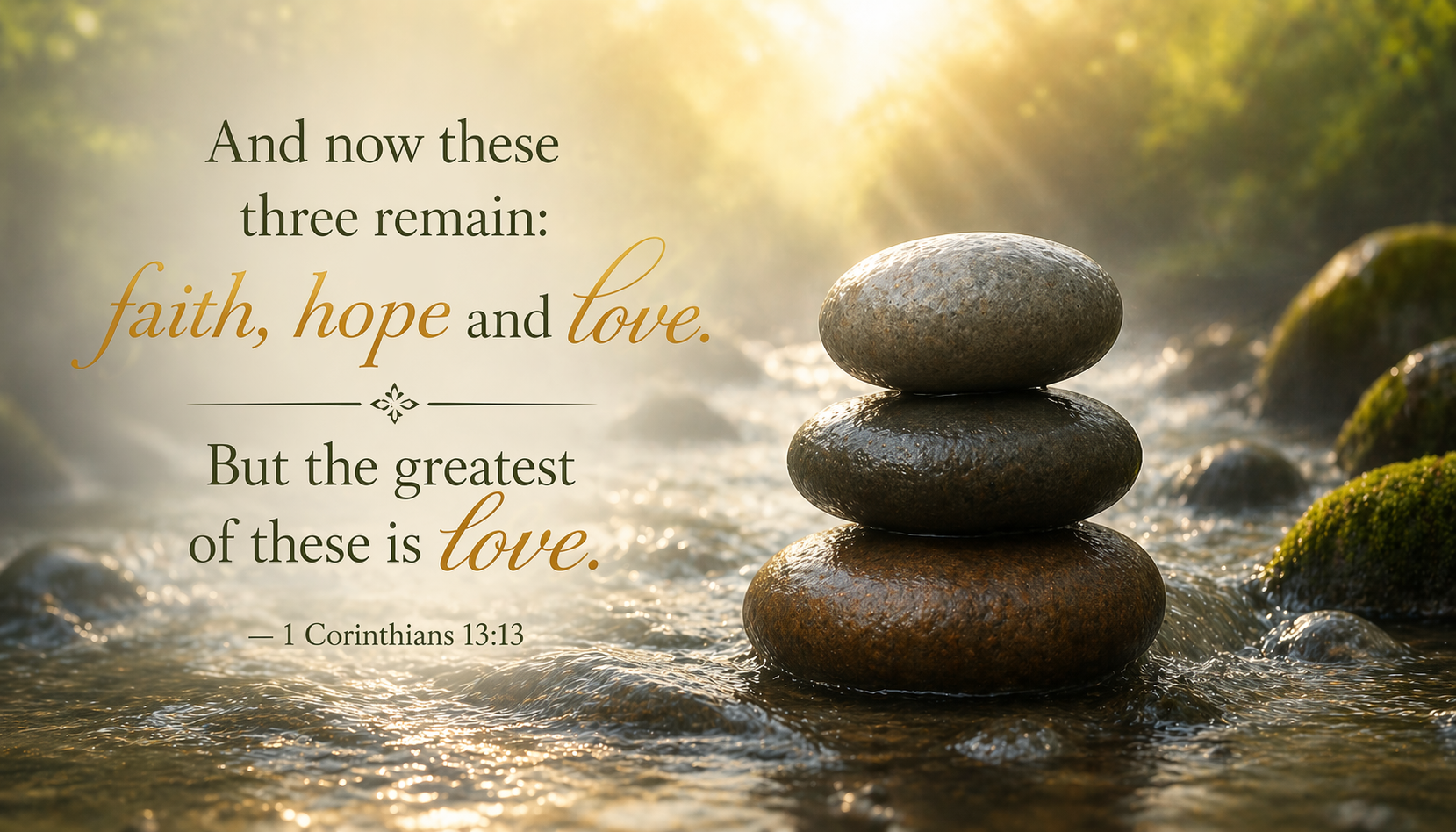 Bible verse 1 Corinthians 13:13 three smooth stones stacked in stream morning light wallpaper